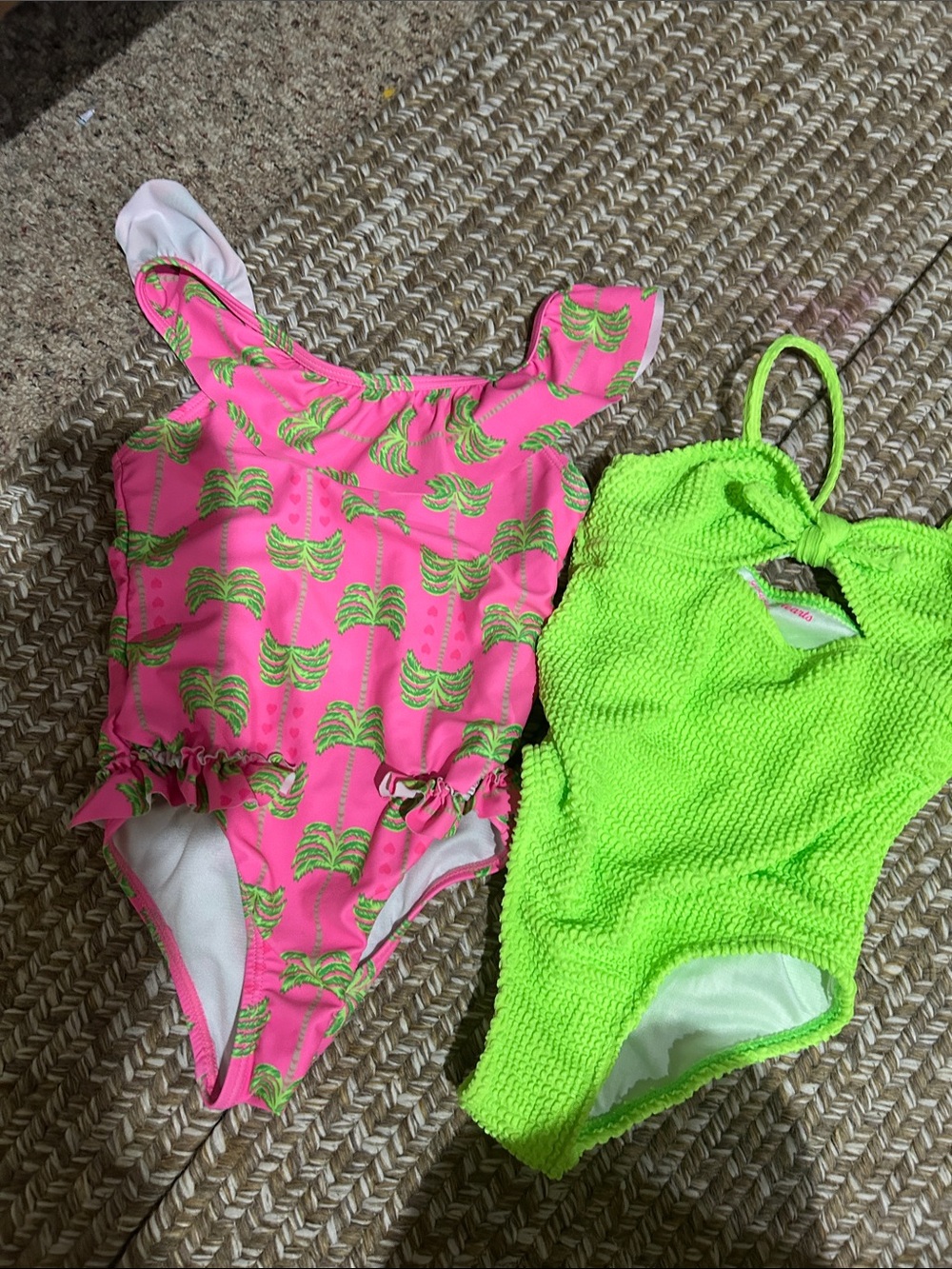 Girls Pink Palm Print One-Piece Swimsuit & Neon Green Textured One-Piece